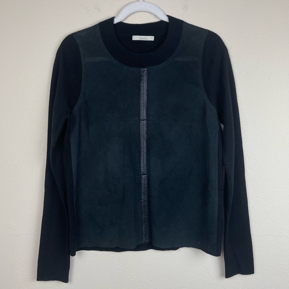 TOWNSEN Black‎ Crewneck Lamb Leather & Wool Sweater Size Small
